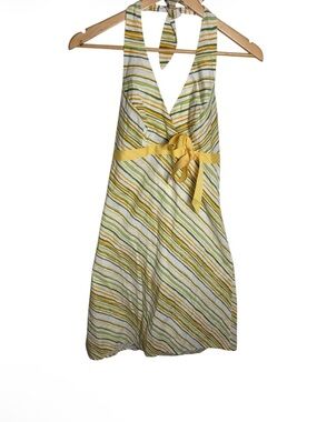 Y2K Speechless yellow & green striped halter tie neck backless dress size 5